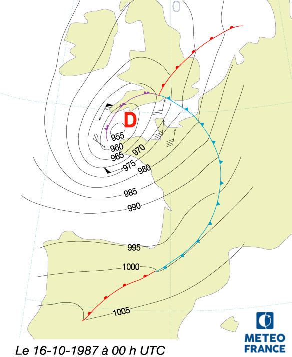 Image Meteorologie : Ouragan du 16 octobre 1987 en France a 00h UTC